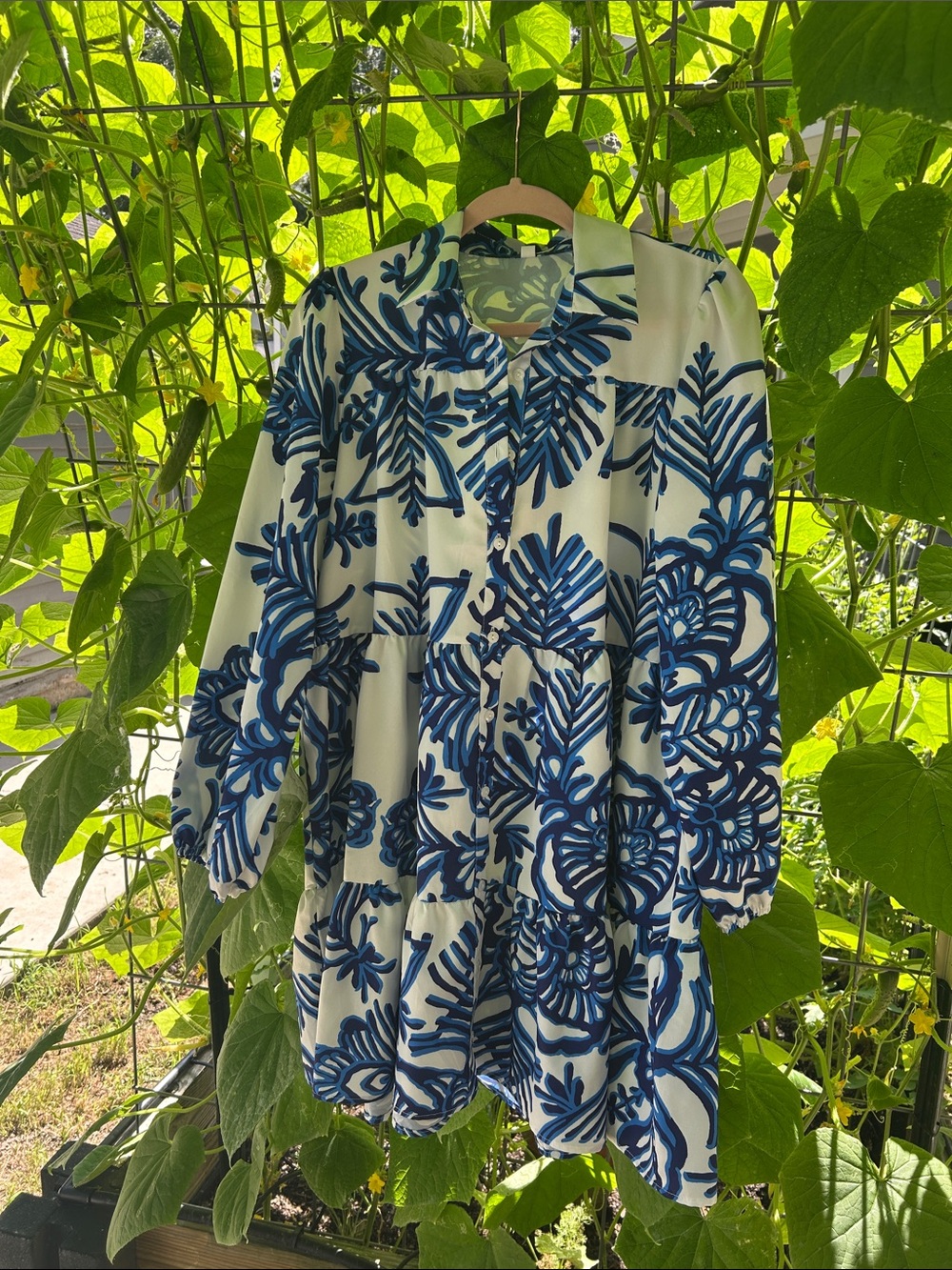 Blue & White Floral Long Sleeve Dress